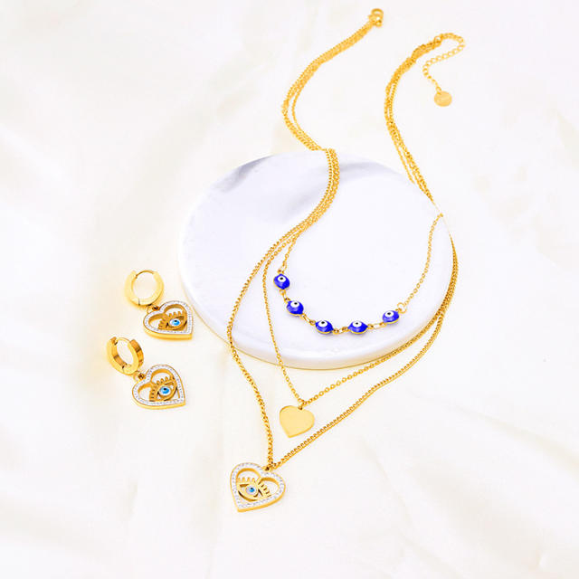 Vintage heart pendant evil eye stainless steel necklace earrings