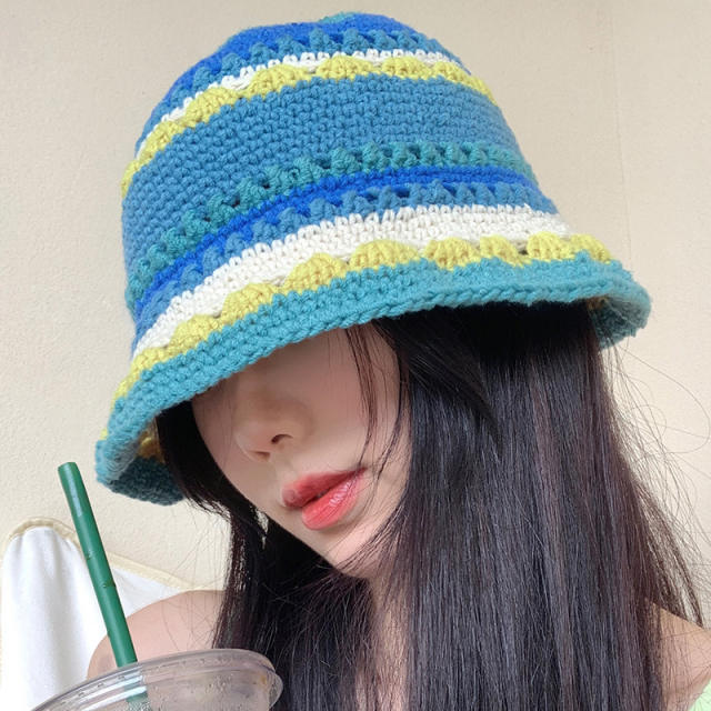Korean fashion blue color corchet bucket hat