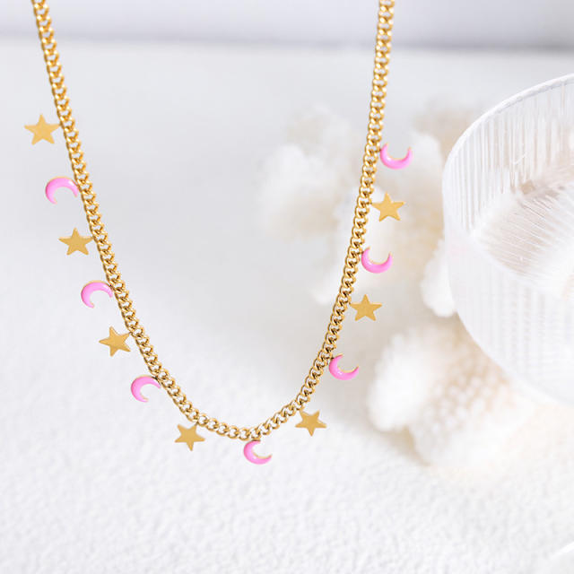 Y2K color enamel tiny star moon stainless steel necklace bracelet