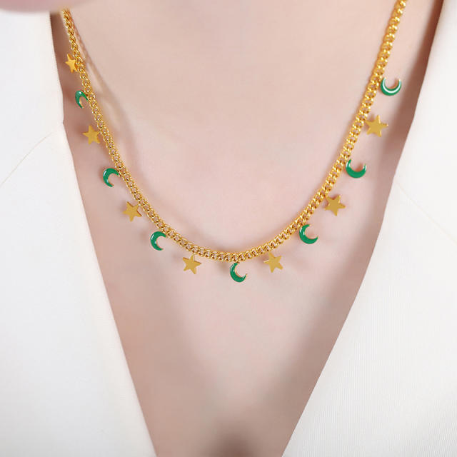 Y2K color enamel tiny star moon stainless steel necklace bracelet