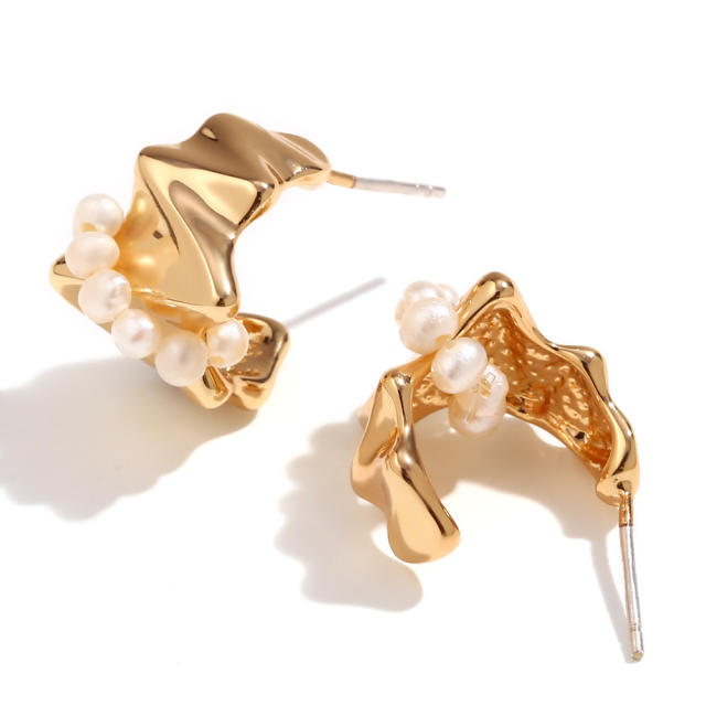 18K gold plated geometric shape water pearl bead stainless steel earrings