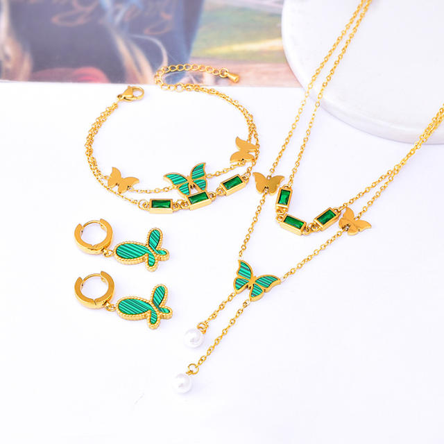 Delicate green color butterfly stainless steel necklace earrings set