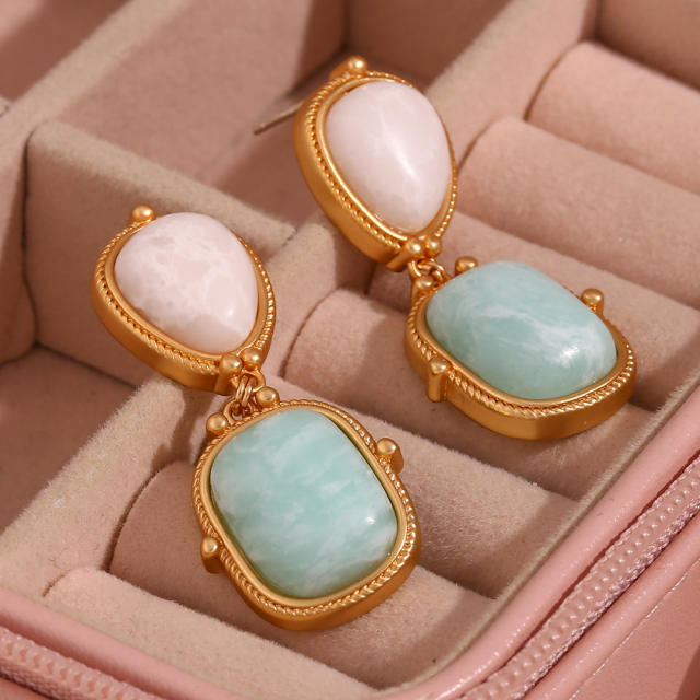 18K natural crystal stone statement stainless steel earrings