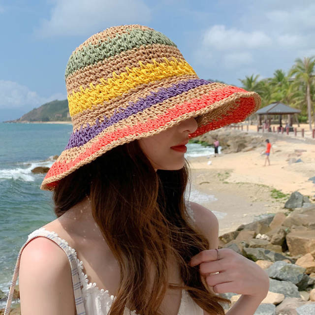 Boho beach colorful corchet big brim bucket hat summer hat