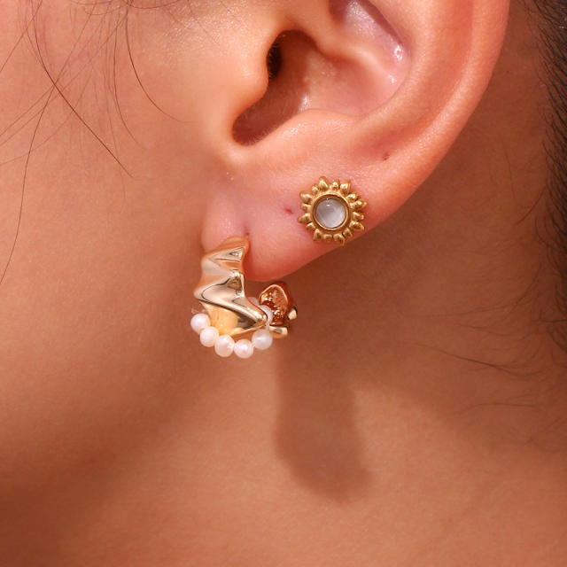 18K gold plated geometric shape water pearl bead stainless steel earrings
