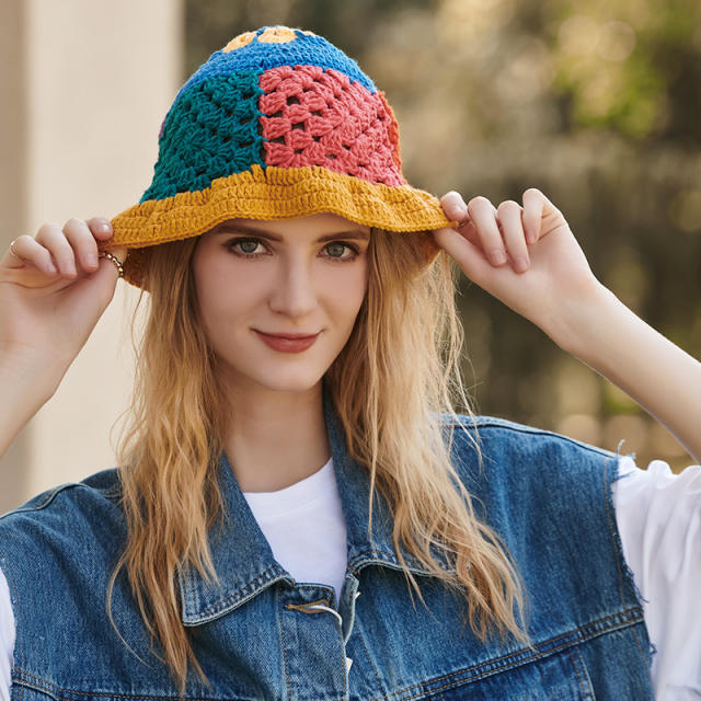 Color matching cute corchet bucket hat for women