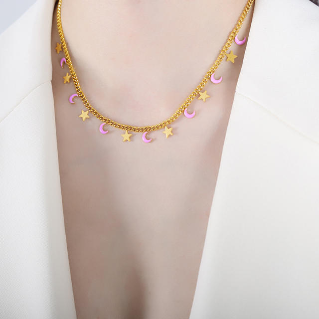 Y2K color enamel tiny star moon stainless steel necklace bracelet