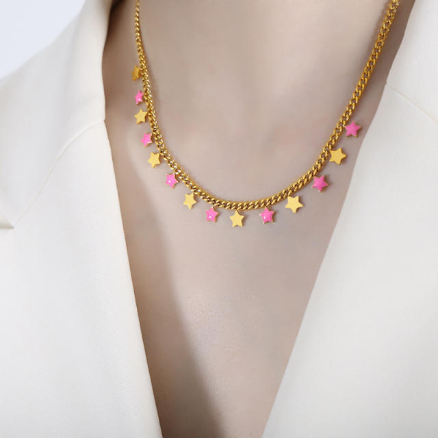 Y2K color enamel tiny star moon stainless steel necklace bracelet