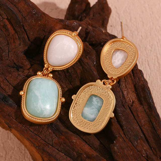 18K natural crystal stone statement stainless steel earrings