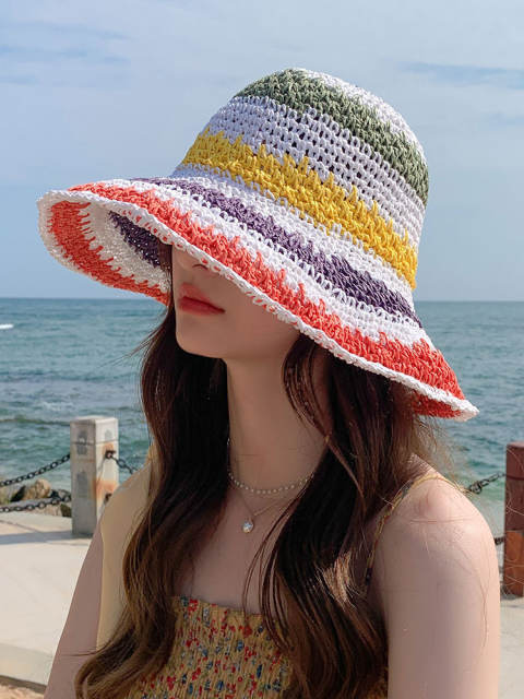 Boho beach colorful corchet big brim bucket hat summer hat