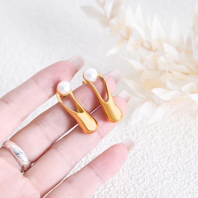 Personality water pearl geometric shape stainless steel earrings
