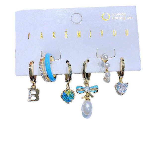 Delicate blue color enamel cute bow cubic zircon huggie earring set