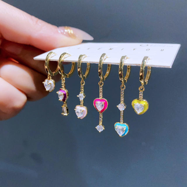Sweet color enamel heart cubic zircon huggie earrings set