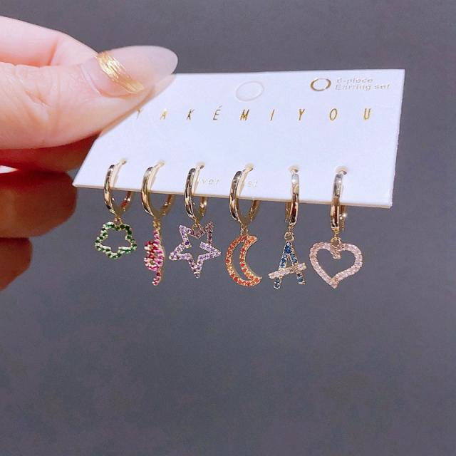 Delicate colorful cubic zircon heart flower copper huggie earring set