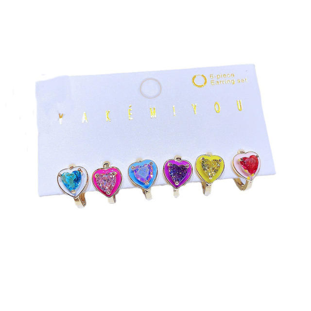 6pcs Colorful heart enamel copper huggie earring set