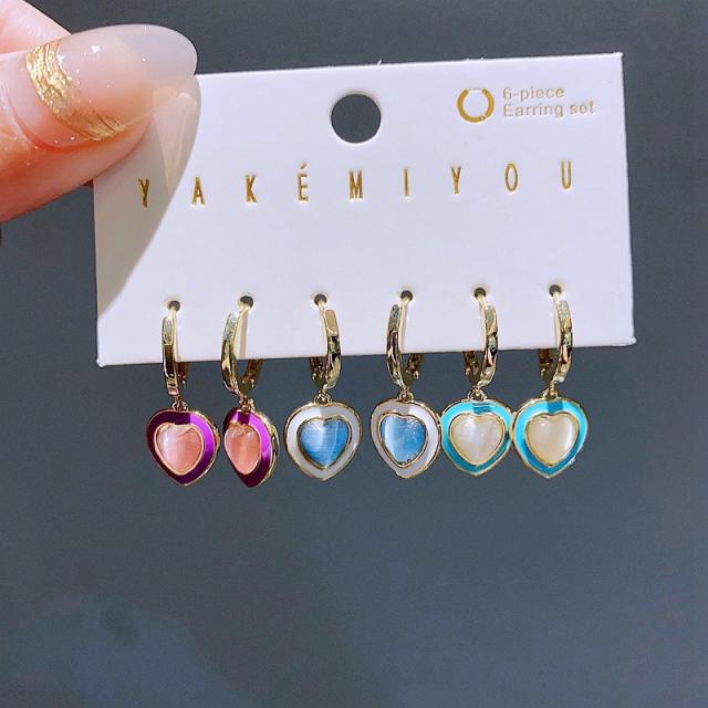 6pcs colorful opal stone heart copper earrings set