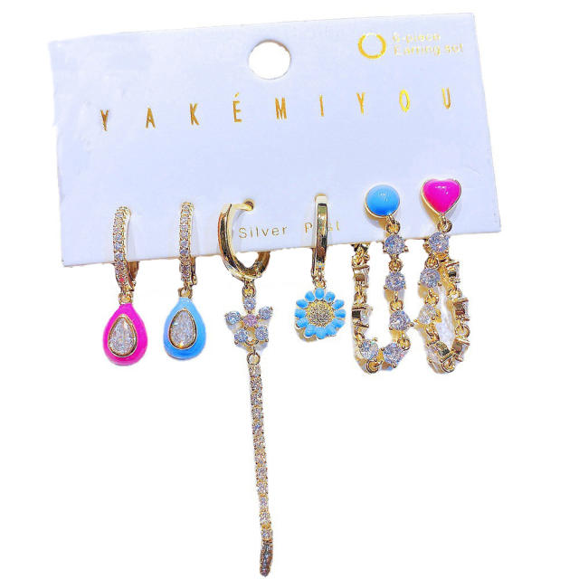 Delicate color enamel cubic zircon huggie earring set