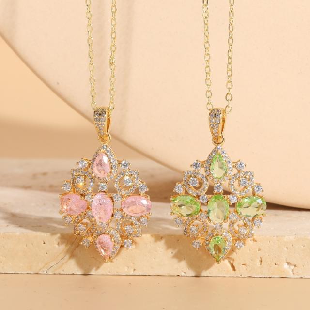 14K real gold plated copper fresh pink green color cubic zircon pendant necklace