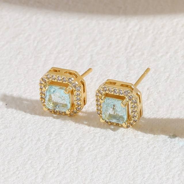 14K real gold plated chic square cubic zircon copper studs earrings