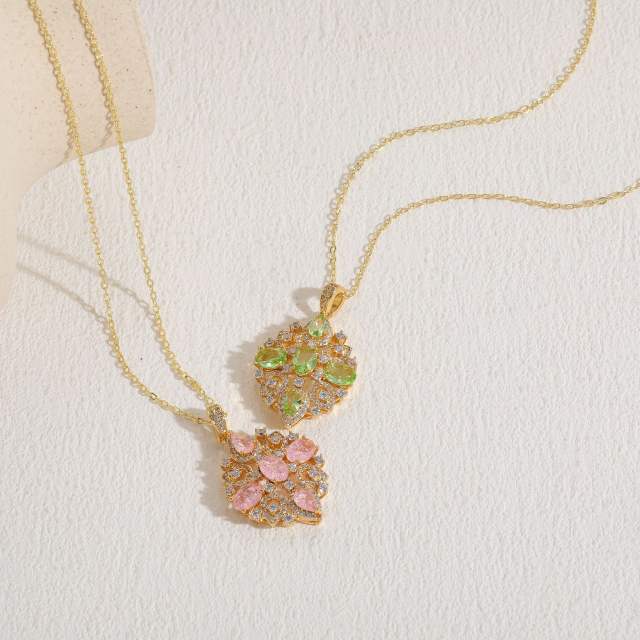 14K real gold plated copper fresh pink green color cubic zircon pendant necklace