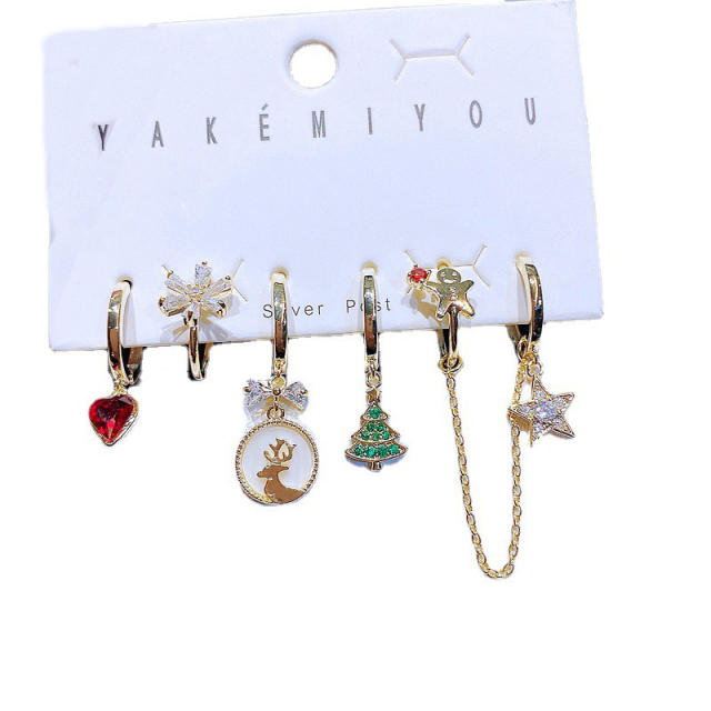 6pcs delicate cubic zircon christmas huggie earrings set