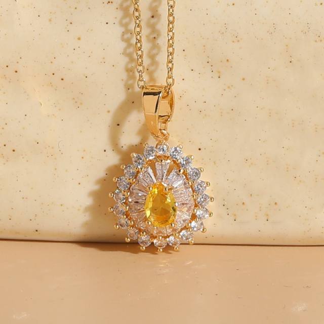 14K gold plated copper tear drop cubic zircon pendant necklace