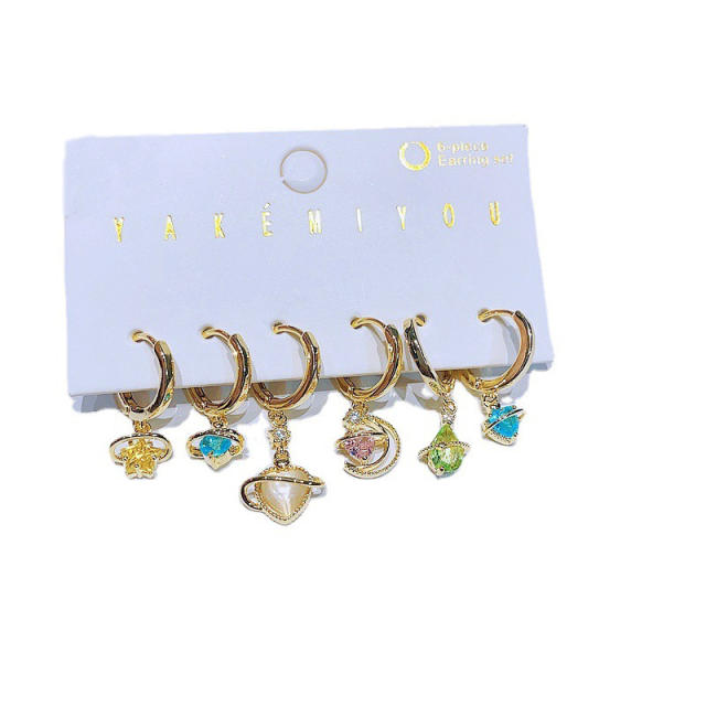 6pcs color cubic zircon star moon planet copper huggie earrings set