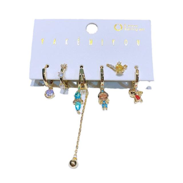 6pcs Fairy tale princess cubic zircon copper huggie earrings
