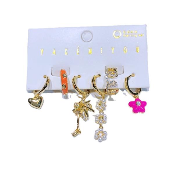 Color enamel flower gold plated copper huggie earring set