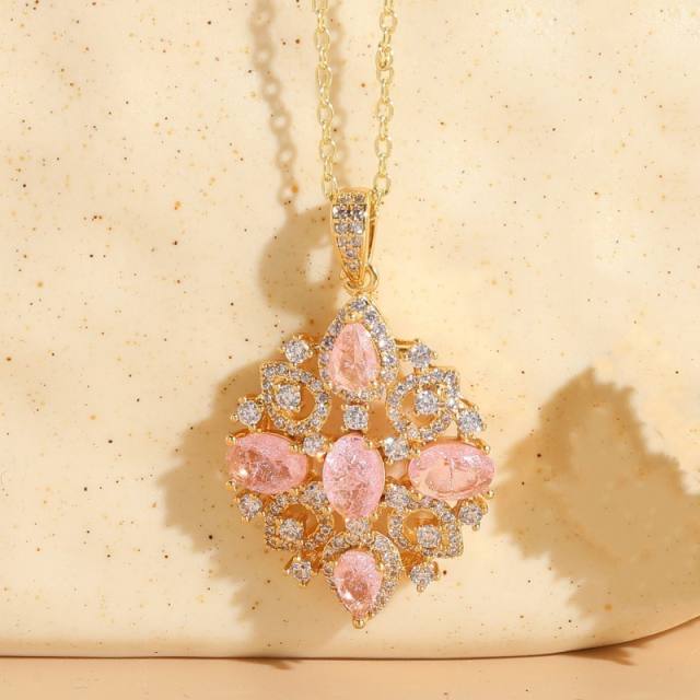 14K real gold plated copper fresh pink green color cubic zircon pendant necklace
