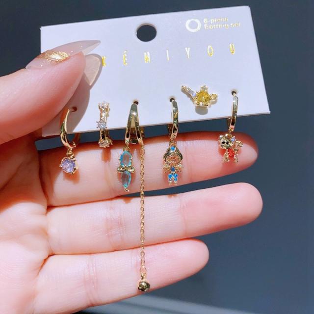 6pcs Fairy tale princess cubic zircon copper huggie earrings