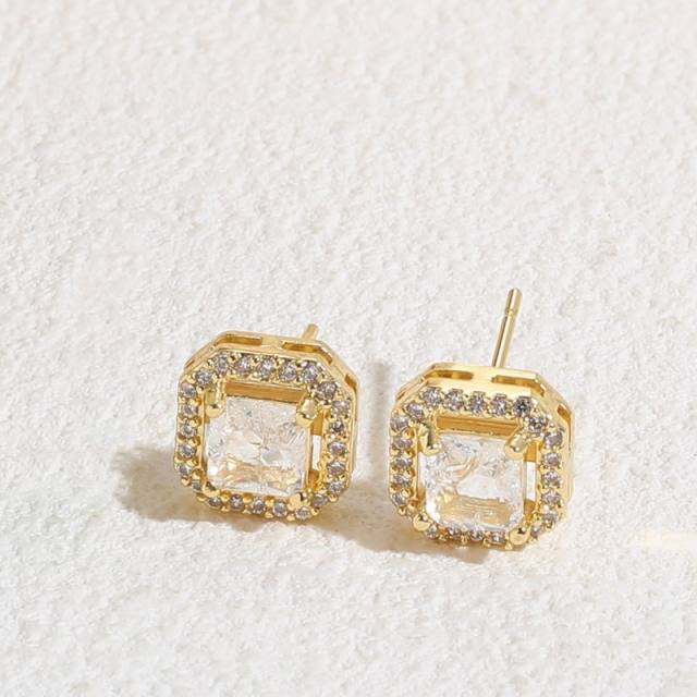 14K real gold plated chic square cubic zircon copper studs earrings