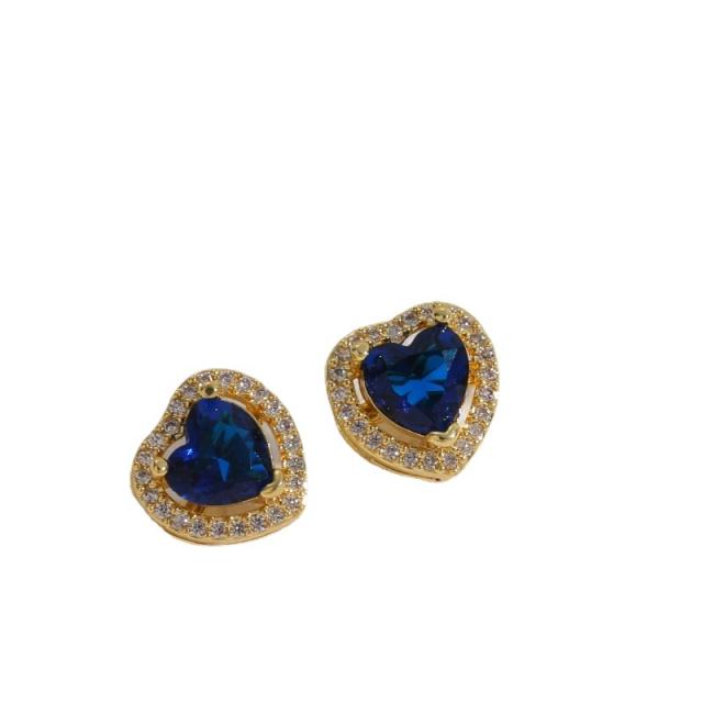 14K color cubic zircon heart shape copper studs earrings