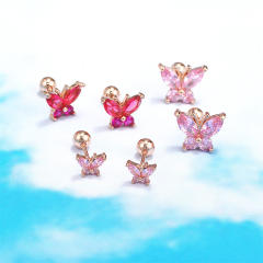 Pink color cubic zircon butterfly piercing earrings cartilage earrings