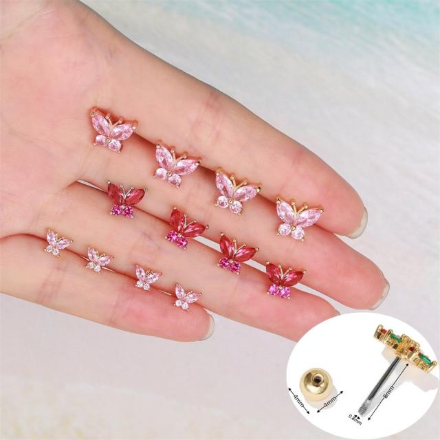 Pink color cubic zircon butterfly piercing earrings cartilage earrings