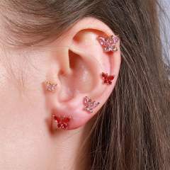 Pink color cubic zircon butterfly piercing earrings cartilage earrings