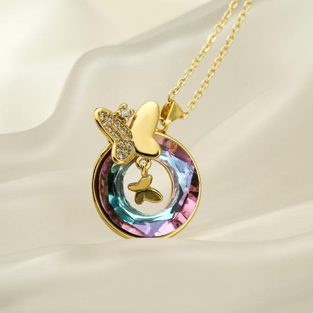 Magic butterfly crystal circle pendant copper necklace