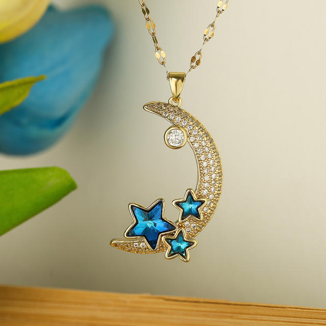 Dainty gold plated copper moon star pendant necklace