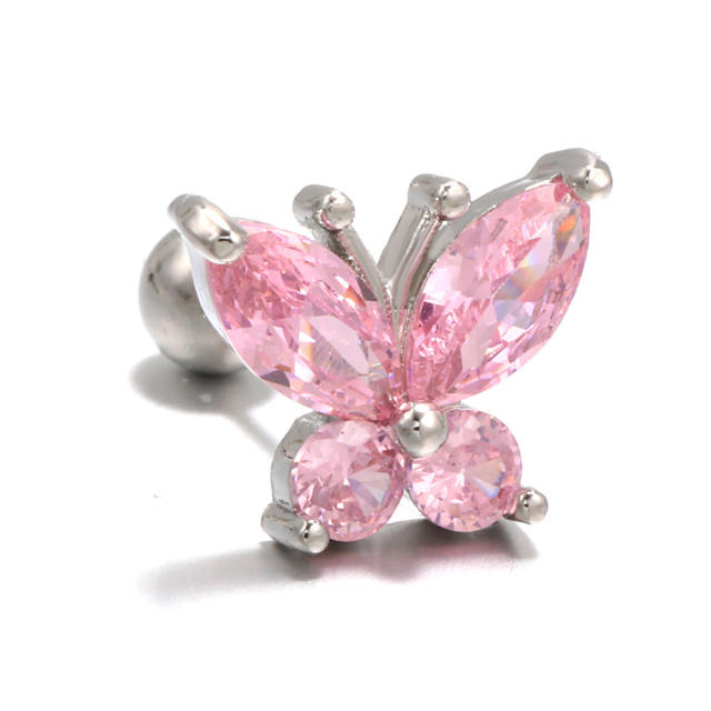 Pink color cubic zircon butterfly piercing earrings cartilage earrings
