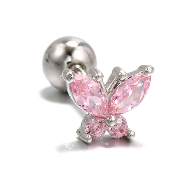 Pink color cubic zircon butterfly piercing earrings cartilage earrings