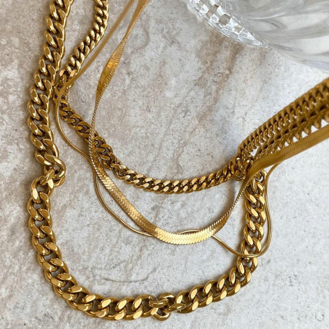 18k real gold plated cuban chain herringbone chain stainless steel necklace