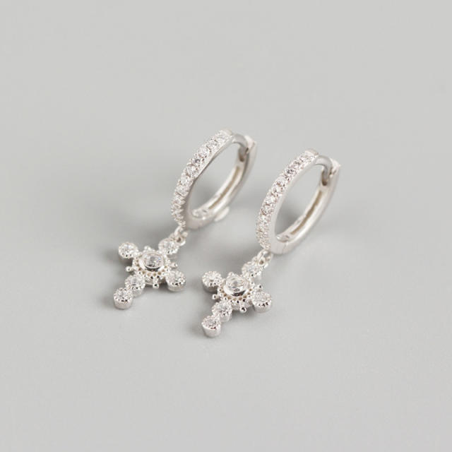 S925 sterling silver diamond tiny cross huggie earrings