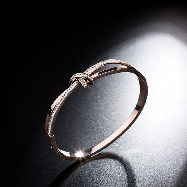 Delicate pave setting gem the bow shape stainless steel bangle bracelet