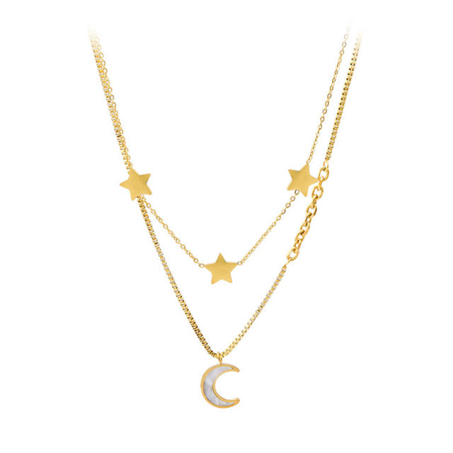 Double layer box chain stainless steel moon and star necklace