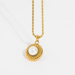 Elegant rope chain with the round pearl pendant stainless steel necklace