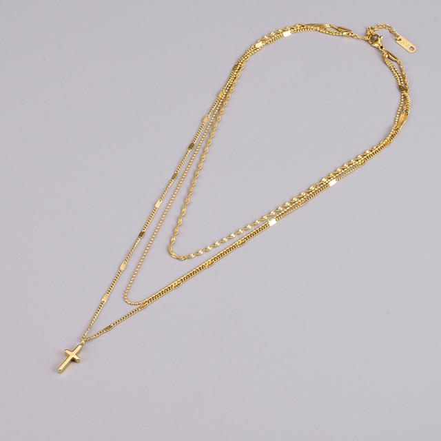 Titanium steel concise 3-layer cross necklace