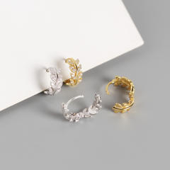 S925 sterling silver rhinestones leaf huggie earrings