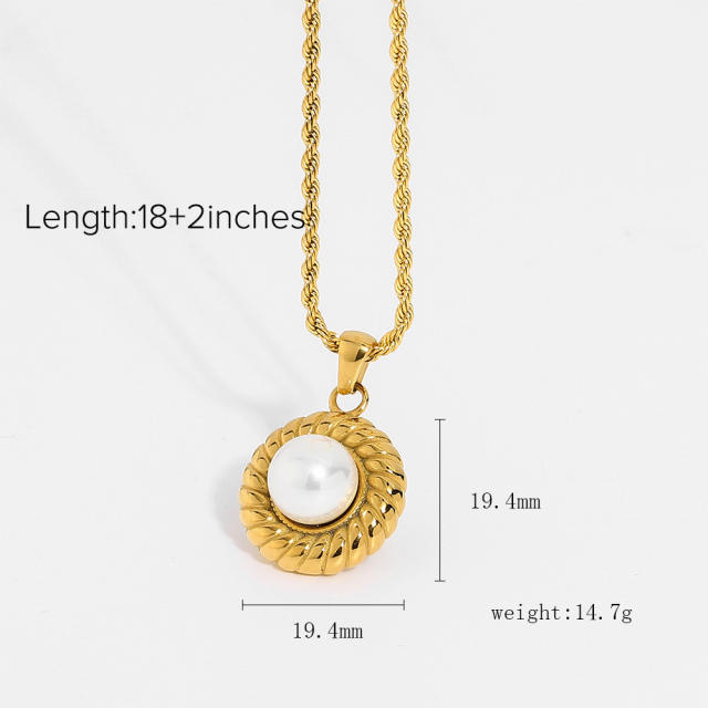 Elegant rope chain with the round pearl pendant stainless steel necklace