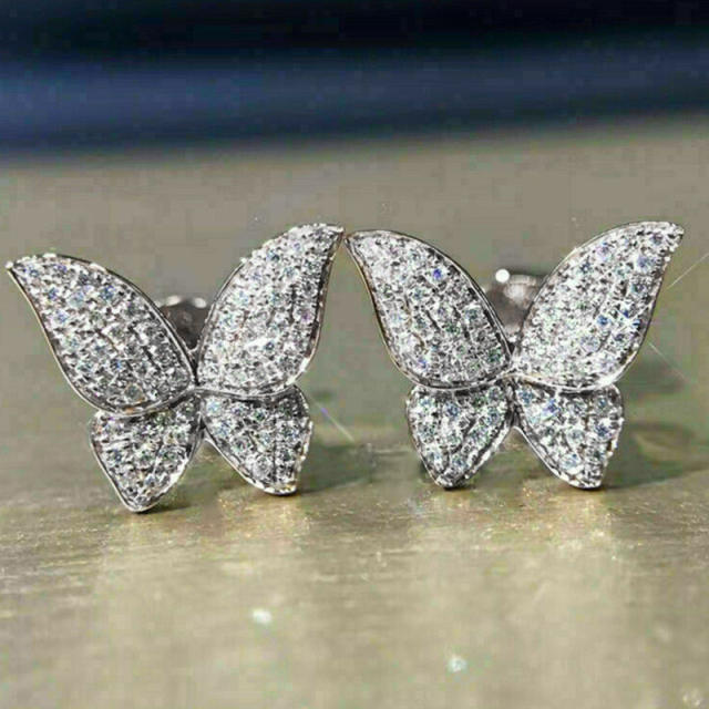 Delicate gold and silver color pave setting cubic zircon butterfly ear studs