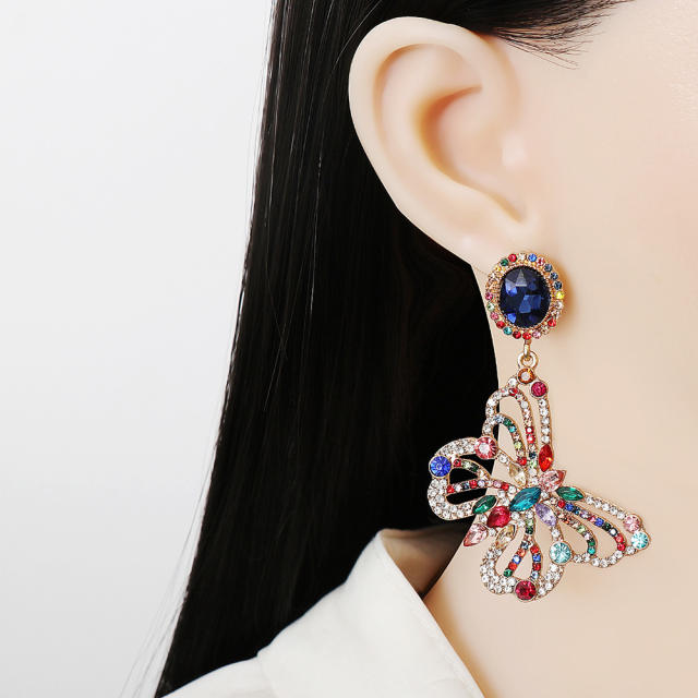 Color rhinestone hollow butterfly earrings